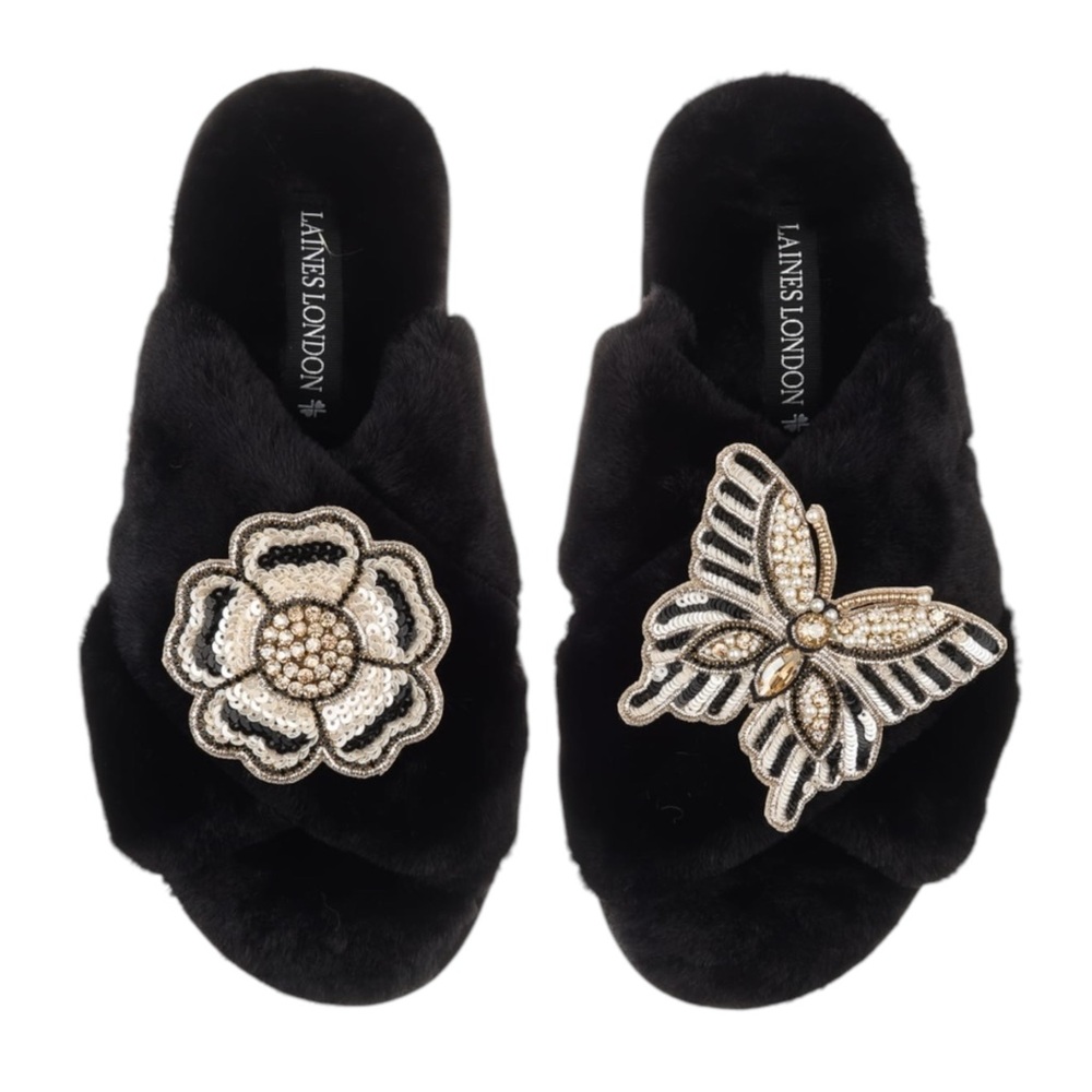 Laines London for Wolf and Badger Butterfly & Flower Brooch Slippers in Black XL